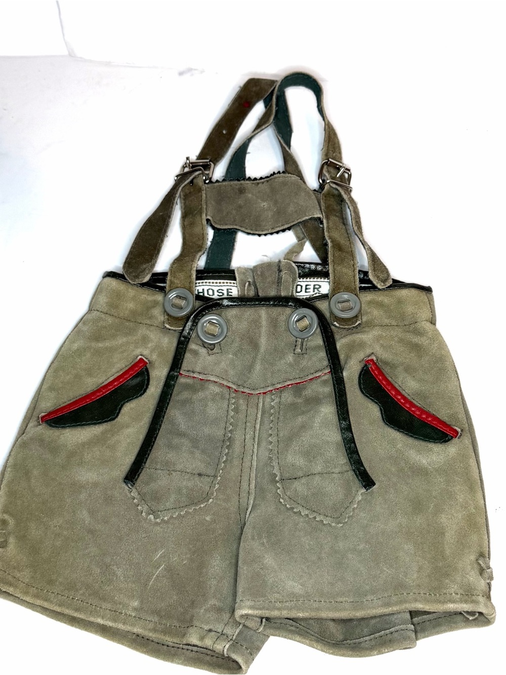 Traditional Olive Leather Lederhosen-Style Baby Shorts with Suspenders